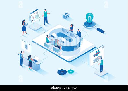 Business meeting 3d isometric web design. People present report, discuss and analyze presentation data, generate ideas in brainstorming session and Stock Vector