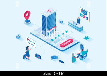 Booking 3d isometric web design. People go on vacation to travel and book hotel apartments using mobile application with rating, online payment Stock Vector