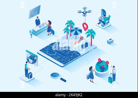 Travel vacation 3d isometric web design. People choose direction for travel, go on vacation with luggage, fly by plane, check into hotel and relax on Stock Vector