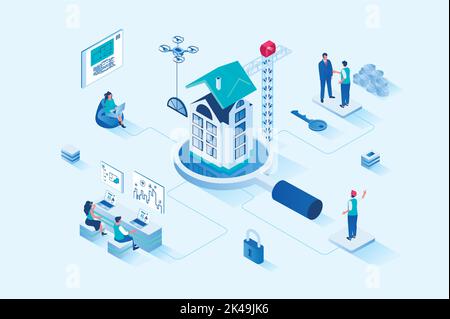 Real estate 3d isometric web design. People work in real estate business, architects design new houses and draw blueprints, builders constructing Stock Vector