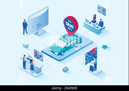 Taxi service 3d isometric web design. People calling taxi, booking car for moving around city or transfer, making route and tracking online location Stock Vector