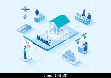 Mobile banking 3d isometric web design. People use online banking services, manage personal financial account, save money, receive interest on Stock Vector
