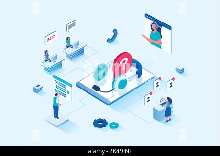 Customer support 3d isometric web design. People call technical support to get advice and resolve their issues, operators in headsets answer and Stock Vector