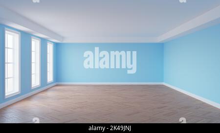 Frontal View of the Empty Room with Pale Blue Walls, White Ceiling and Cornice, Three Large Windows, Glossy Herringbone Parquet Flooring and a White Plinth. Interior Concept, 3D Rendering. 8K Ultra HD Stock Photo