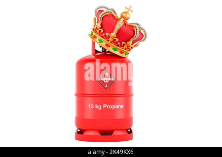 Propane gas cylinder with golden crown. 3D rendering isolated on white background Stock Photo