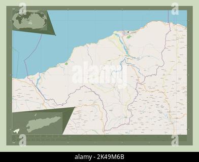 Oecusse, municipality of East Timor. Open Street Map. Locations of major cities of the region. Corner auxiliary location maps Stock Photo