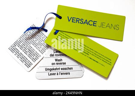 Tag of VERSACE JEANS clothing. VJ is an Italian luxury fashion