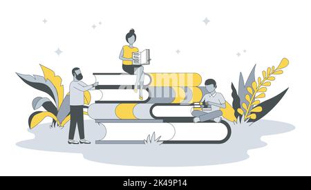 Book library concept in flat design with people. Man and woman read textbooks and fiction books, gain knowledge, buy literature in bookstore. Vector Stock Vector