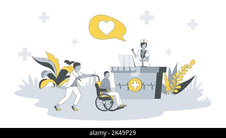 Clinic center concept in flat design with people. Nurse works at reception, assistant helps person with disability in wheelchair with recovery. Vector Stock Vector