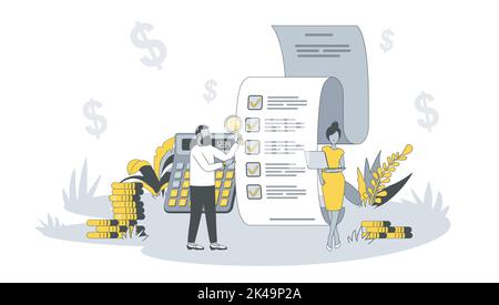 Accounting concept in flat design with people. Man and woman calculating financial data, analyzing and manage balance, consulting and auditing. Vector Stock Vector