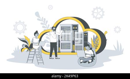 Cloud computing concept in flat design with people. Man and woman using laptops for downloading files from cloud storage, working with database Stock Vector