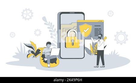 Data protection concept in flat design with people. Men work in security service and protect online data from phishing and hacking in apps. Vector Stock Vector
