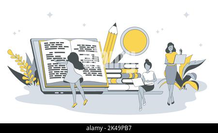 Online education concept in flat design with people. Women students reading books, learning lessons and webinars, improve professional skills. Vector Stock Vector