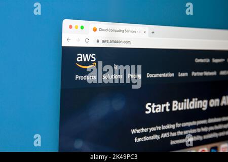 Ostersund, Sweden - July 11, 2022: AWS website on a computer screen. Amazon Web Services is a subsidiary of Amazon that provides on-demand cloud compu Stock Photo