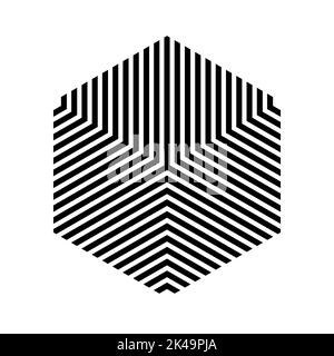 Striped 3D cube optical illusion. Black lines on white cube visual effect. Op art. Striped hexagon geometric shape. Architecture logo template. Vector Stock Vector
