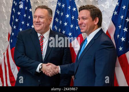 Secretary of State Mike Pompeo meets with Florida Governor Ron DeSantis in Miami, Florida, on January 23, 2020. (USA) Stock Photo