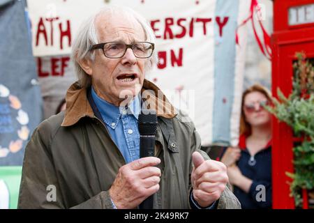 Bath, UK. 1st Oct, 2022. Film director Ken Loach is pictured in front of Bath Spa railway station as he speaks to protesters who have shown up to support striking RMT union rail and CWU union postal workers. The 'enough is enough' cost of living protest rally and march through the city centre was organised by Bath Trades Union Council and Bath Campaigns Network. Credit: Lynchpics/Alamy Live News Stock Photo