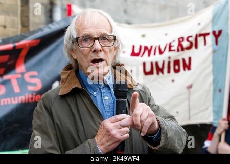 Bath, UK. 1st Oct, 2022. Film director Ken Loach is pictured in front of Bath Spa railway station as he speaks to protesters who have shown up to support striking RMT union rail and CWU union postal workers. The 'enough is enough' cost of living protest rally and march through the city centre was organised by Bath Trades Union Council and Bath Campaigns Network. Credit: Lynchpics/Alamy Live News