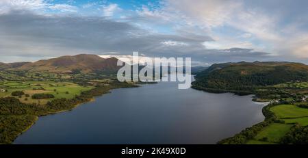 An aerial view of Bassenthwaite Lake in the English Lake District in warm eveing light Stock Photo