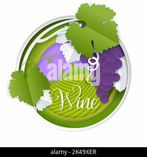 Vector paper cut bunch of grapes with leaf. Purple grape vine, vineyard landscape in round frame. Red wine label, emblem. Stock Vector