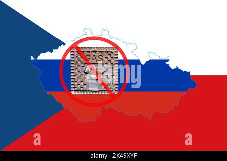 Outline map of Czech Republic with the image of the national flag. Manhole cover of the gas pipeline system on the flag of Russia inside the map. Coll Stock Photo
