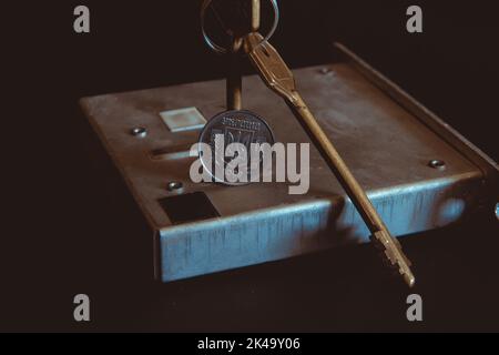 Conceptual crisis real estate, door keys and lock with Ukrainian hryvnia coin on a black background, conceptual crisis of the economy on world Stock Photo