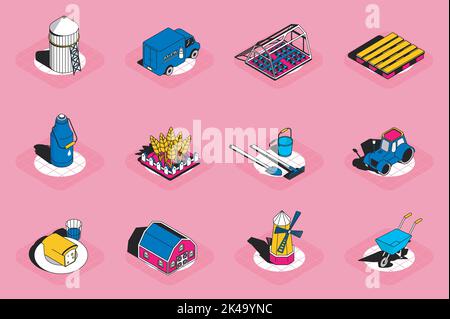 Farming sources 3d isometric icons set. Pack elements of granary, dairy products, harvest, greenhouse, wheat, gardening tools, farmhouse and others Stock Vector