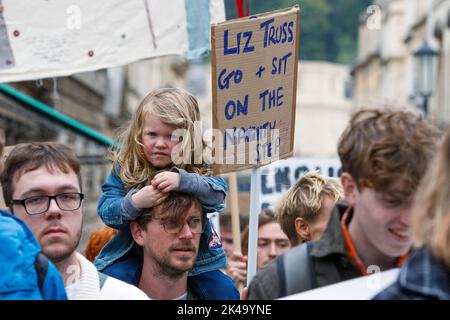 Bath, UK. 1st Oct, 2022. Protesters are pictured in Bath as they march through the city centre. The 'enough is enough' cost of living protest rally and march was organised by Bath Trades Union and Bath Campaigns Network.  Credit: Lynchpics/Alamy Live News Stock Photo