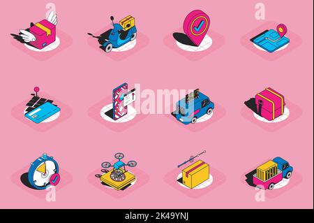 Delivery 3d isometric icons set. Pack elements of fast shipping, parcel, online tracking map, transport, flying drone, logistic, storage and others Stock Vector
