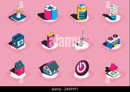 Energy and alternative sources 3d isometric icons set. Pack elements of wind turbine, battery, light bulb, generator, station, solar panel and others Stock Vector