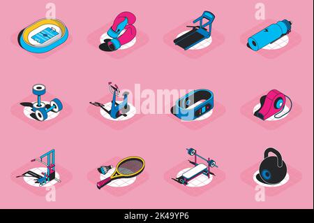 Sports 3d isometric icons set. Pack elements of boxing gloves, treadmill, dumbbells, exercise machine, gym equipment, championship stadium and others Stock Vector