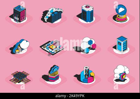 Cloud technology 3d isometric icons set. Pack elements of hardware datacenter racks, computer, microchip, data computing, server, database and others Stock Vector
