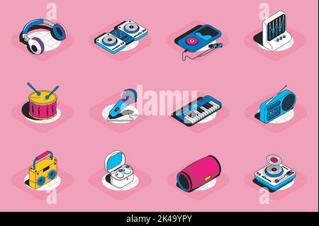 Music 3d isometric icons set. Pack elements of headphones, equalizer, song player, drum, microphone, piano, radio, musical speaker, karaoke and others Stock Vector