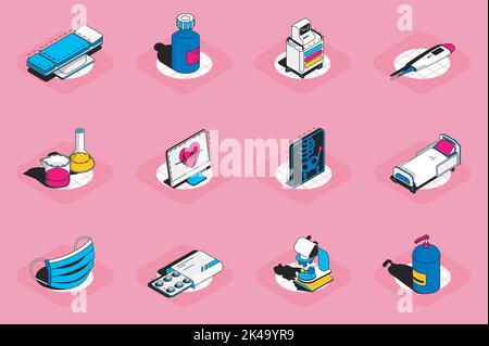 Medical concept 3d isometric icons set. Pack elements of couch, medicines bottle, patient monitoring system, thermometer, laboratory research and Stock Vector