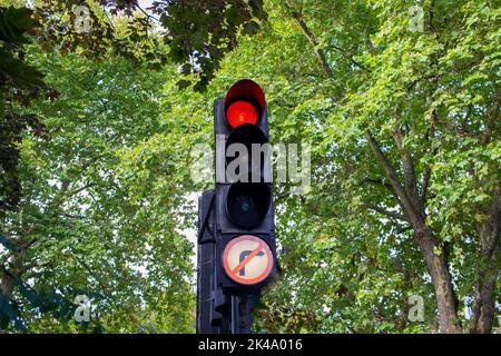 Traffic lights on red in Chelsea, London, against a background of treesand a no right turn sign, Stock Photo