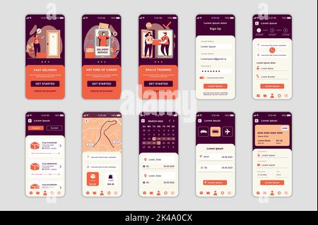 Delivery concept screens set for mobile app template. People use fast shipping services, tracking and online payment. UI, UX, GUI user interface kit Stock Vector