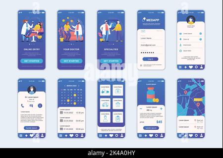 Medicine concept screens set for mobile app template. People get online doctor diagnostic consultation, buy medicines. UI, UX, GUI user interface kit Stock Vector