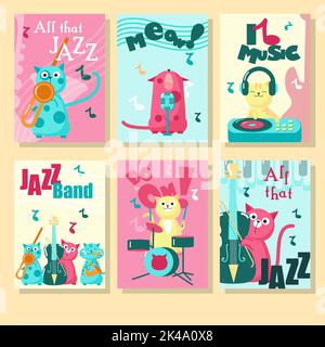 Vector set of cards with cute cats and inspirational quotations about music. Funny kittens playing musical instruments, listening to music and singing Stock Vector