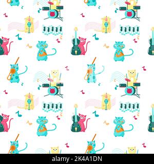 Vector seamless pattern with cute little cats playing musical instruments and singing. Funny music cats background, wallpaper, fabric, wrapping paper. Stock Vector