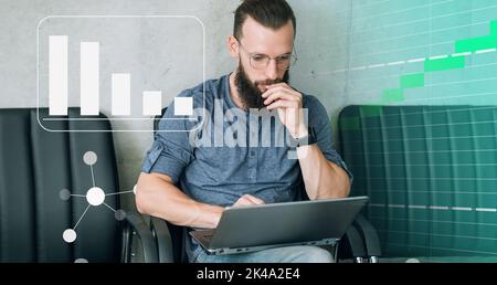 Business analytics. BI technology. Financial report. Marketing strategy planning. Pensive male freelancer working on project with kpi infographic dash Stock Photo