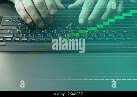 Virtual business income. Project efficiency. Progress trend online research. Male hands typing on notebook keyboard success statistics report with kpi Stock Photo