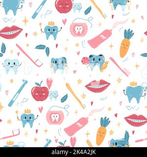 Seamless pattern with hand drawn kawaii teeth characters and oral care products in cartoon flat style. Vector illustration of cartoon children backgro Stock Vector