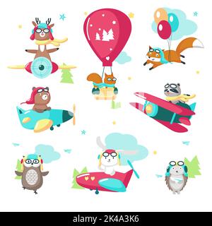 Cute animals in pilot hats and glasses. Vector illustration of raccoon fox squirrel bear deer hedgehog owl rabbit flying on airplane, hot air balloon, Stock Vector