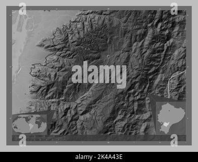 Azuay, province of Ecuador. Grayscale elevation map with lakes and rivers. Locations of major cities of the region. Corner auxiliary location maps Stock Photo