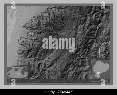 Azuay, province of Ecuador. Grayscale elevation map with lakes and rivers. Locations and names of major cities of the region. Corner auxiliary locatio Stock Photo