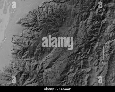 Azuay, province of Ecuador. Grayscale elevation map with lakes and rivers Stock Photo