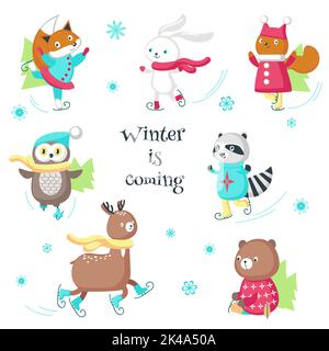 Cute animals in warm hats and scarves enjoying ice skating. Vector illustration isolated on white background. Funny little raccoon fox squirrel bear o Stock Vector