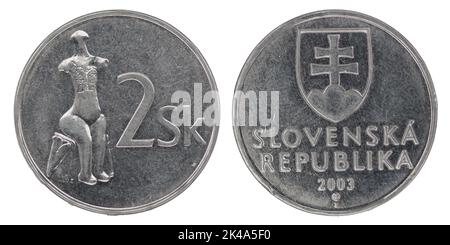 2 Slovakian crown koruna (SKK) coin with both sides on isolated white background Stock Photo