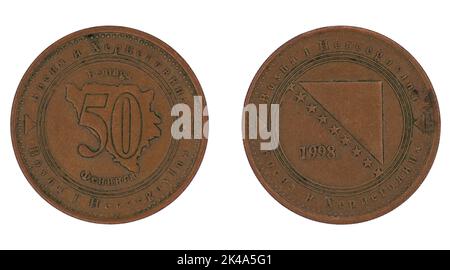 50 Bosnian fening, convertible mark (KM) coin with both sides on isolated white background Stock Photo