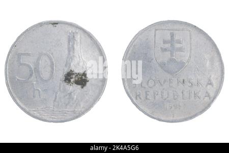 50 heller Slovakian crown koruna (SKK) coin with both sides on isolated white background Stock Photo